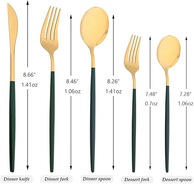 30-Piece Snplowum Mirror Flatware Serving Set, 18/0 Stainless Steel Dinnerware With Green Handle, Modern Durable Home Kitchen Eating Tableware Set Service For 6 (Green Gold)
