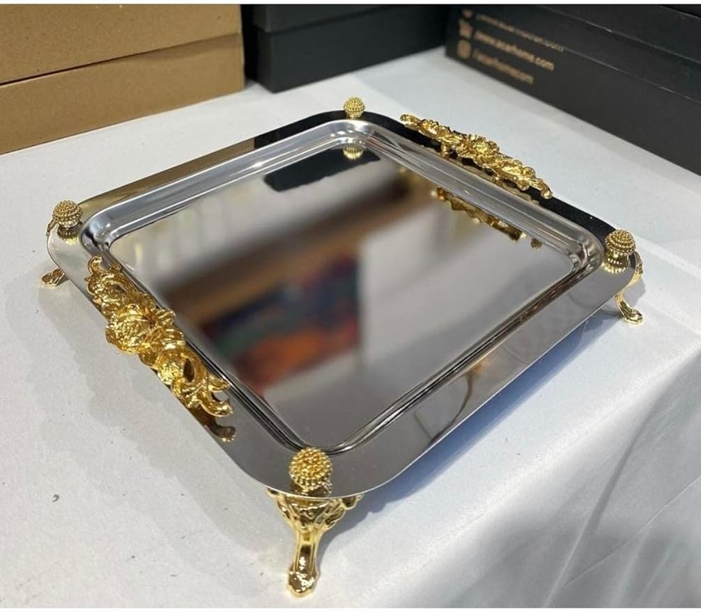 Serving Tray Square Metal Silver 8.6-Inch Decorative Plate with Stand for Tea Coffee Snacks - Silver, One Size