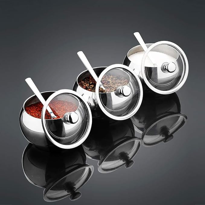 Stainless Steel Sugar Bowl with Lid and Spoon, Polished Shiny Condiment Pots for Serving Sugar Pepper Salt Spice- 330ml/ 11.6 Oz