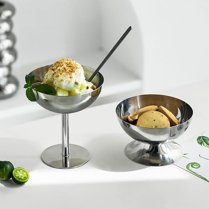 Hapivida Ice Cream Cup, 7oz/200ml Stainless Steel Serving Dessert Bowls Silver Ice Cream Dish Sauce Bowls Footed Yogurt Snack Candy Cups for Salad Fruit Pudding