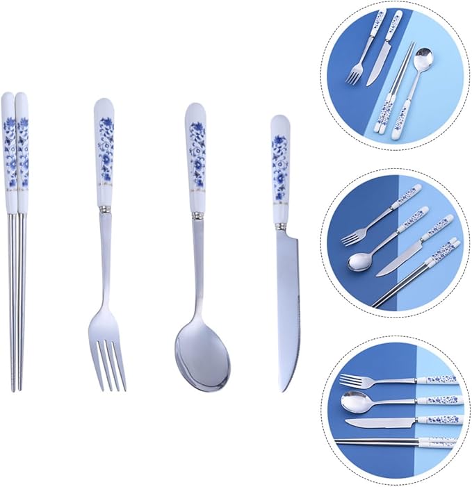 Luxshiny Blue and White Porcelain Flatware Set – Stainless Steel Fork, Spoon, Knife, and Chopsticks – Household Flatware Serving Kit for Home Dining and Party Use, 4pcs Tableware Set