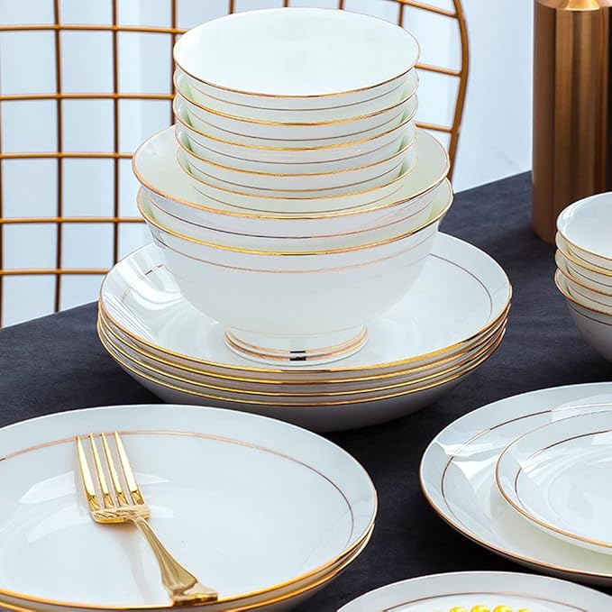 36Pcs Ceramic Dinnerware Set, White with Gold Edge, Luxury Tableware Set for 6,