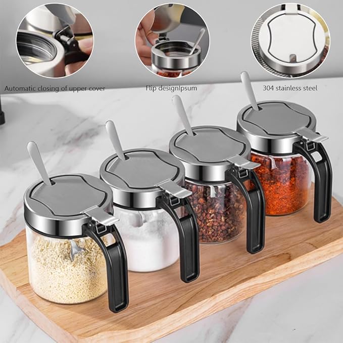 TINMIX Revolving Condiment Pots Sugar Bowl Salt & Pepper Cellar with Lid and Spoon, Set of 4 Seasoning Box Spice Jar with 360 Rotating Tray for Kitchen, 3 Pots+1 Oil Dispenser