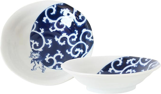 Mino ware Japanese Ceramics Pair Round Plate Japanese Cat (set of two) made in Japan GBS222 (Medium Deep, Furoshiki)