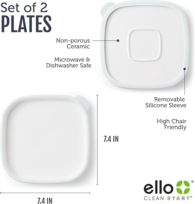 Ello Clean Start Toddler Everything Plate 2 Pack | BPA-Free Ceramic Plates with Silicone Sleeve for Babies/Toddlers | Microwave/Dishwasher Safe, Plastic-Free, High Chair Friendly, Quiet Tide/Tech Blue
