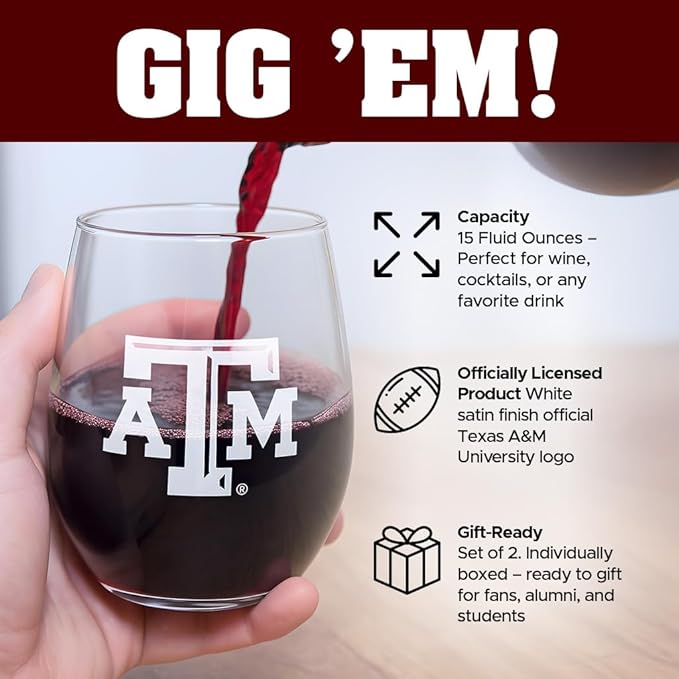 Texas A&M Aggies Satin Frost Stemless Wine Glass Set – Official Clear Glass with White Logo – Heavy-Duty Made in USA Drinkware – Dishwasher Safe – Set of Two, 15 oz