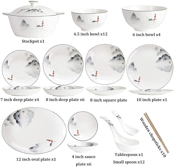 Dishes/Plate/Bowl Set,Dinnerware Sets for 4/6/ 12, Chinese Dinner Set, Black and White Plates and Bowls Set, Dish Set/Tableware Set, Chinese Ancient Ink Painting Design - for Home, Kitc