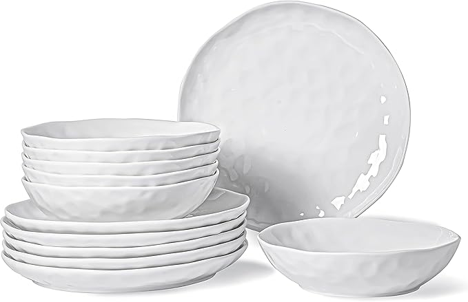 HOMBENE White Dinnerware Set 12 Piece Service for 6, Porcelain Dinnerware Sets, Over Size Plates Sets for Dessert Salad and Pasta, Dishes Set