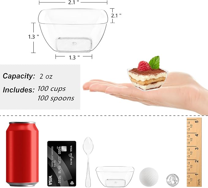 Zezzxu 100 Pack 2 oz Mini Dessert Cups with Spoons, Clear Plastic Reusable Small Square Party Serving Tiny Bowls for Individual Appetizers, Trifle, Cheesecake, Hors D'oeuvres