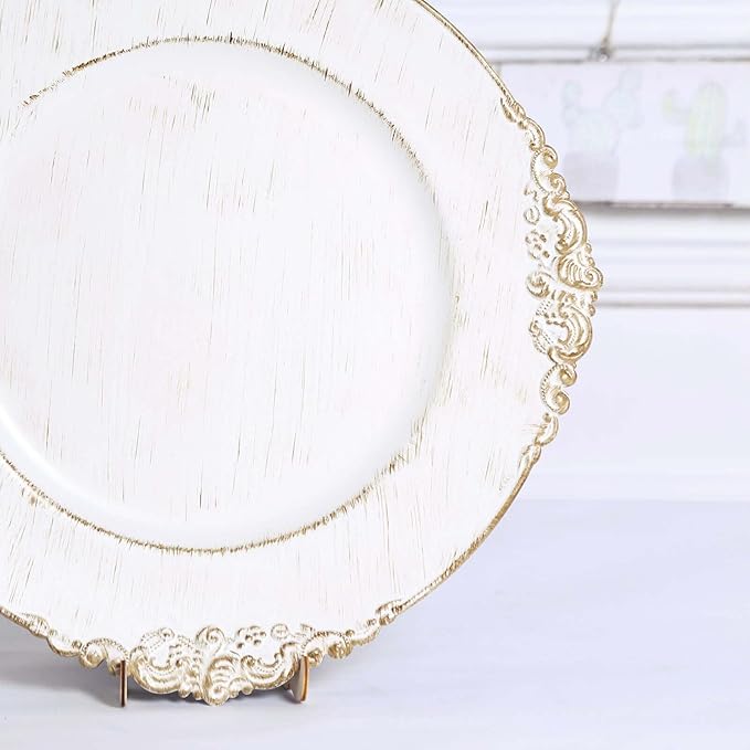 13" Charger Plates -Set of 24 - Acrylic White Round Baroque Disposable Chargers Leaf Embossed Rim, Ideal for Dinner Party Wedding Bulk Events