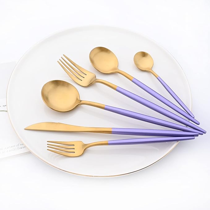 24-piece Snplowum Matte Gold Tableware, 18/10 Stainless Steel Utensils Heavy Serving Set With Purple Handle For Dinner & Dessert Home Restaurant Flatware Set, Service For 4 (Purple Gold)