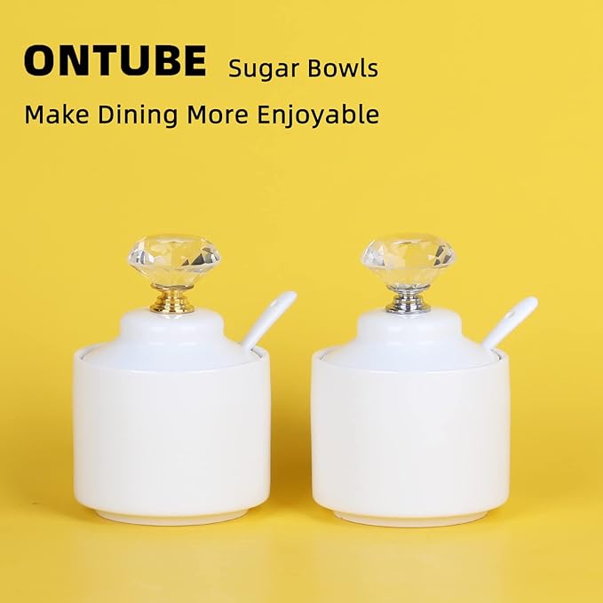 ONTUBE Porcelain Sugar Bowl with Crystal Lid and Spoon,8oz White (Crystal gold)