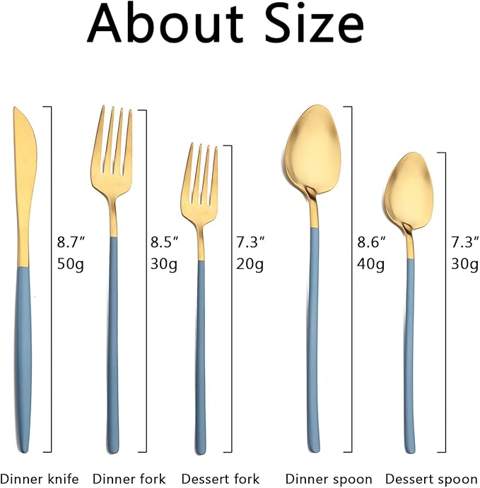 JASHII Matte Blue and Gold Silverware Set, 304 Stainless Steel Flatware Set Service for 4, Tableware Cutlery Set for Home Restaurant Party, Dinner Forks/Spoons/Knives, Slim Handle, Dishwasher Safe