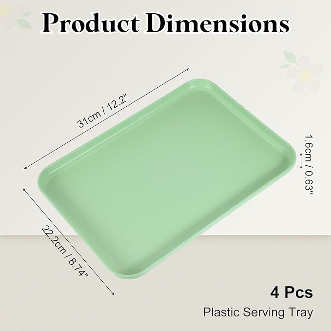 uxcell 4Pcs Plastic Serving Trays, 12.2 x 8.7 Inch Rectangle Food Trays Serving Cafeteria for Kitchen Restaurant Coffee Fruit Burger Lunch Dessert, Matcha