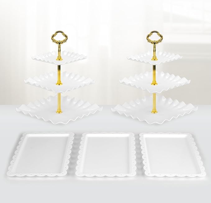 NWK 5 Piece Cake Stand Set with 2 x Large 3-Tier Cupcake Stands, 3 x Appetizer Trays, for Wedding Birthday Baby Shower Tea Party Decorations (Gold)
