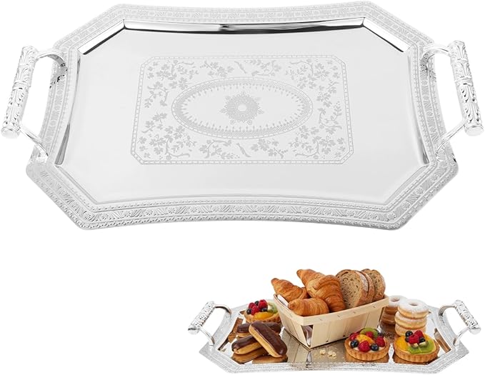 Milisten Binaural Tray Bread Plate Tray Stainless Steel Serving Plate Vintage European Style Metal Dessert Platter for Coffee Tea Cake Spaghetti Wedding Home Kitchen Restaurant, Antique Silver