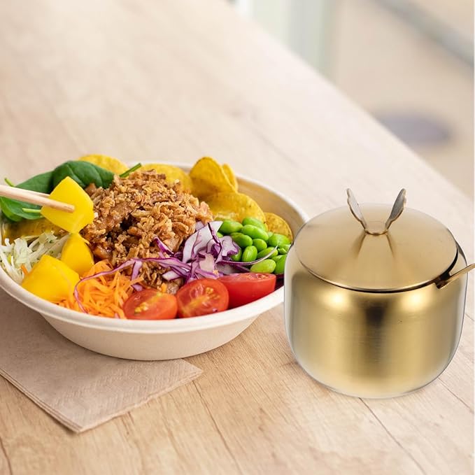 Sugar Bowl with Lid and Spoon Stainless Steel Seasoning Jar Compact Spice Container Condiment Pot for Home Kitchen Organization