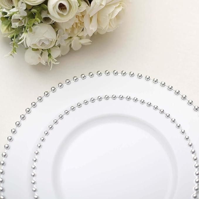 10" Dinner Plates - Set of 20 - Plastic White/Silver Round Disposable Plate Beaded Rim, Ideal for Decoration Party Wedding Bulk Events