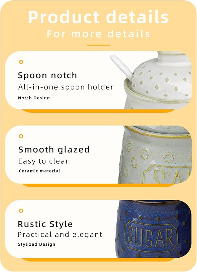 GDCZ 10 Oz Ceramic Salt and Sugar Bowls Set with Lid and Spoons, Seasoning Container, Dishwasher Safe, Set of 2 (Blue)