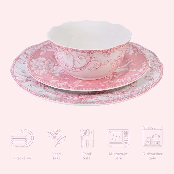 222 Fifth Adelaide Blush 12-Piece Pink Porcelain Dinnerware Set – Service for 4, Plate & Bowl Set, White with Pink Floral Pattern, for Daily Dining & Entertainment, Microwave & Dishwasher Safe