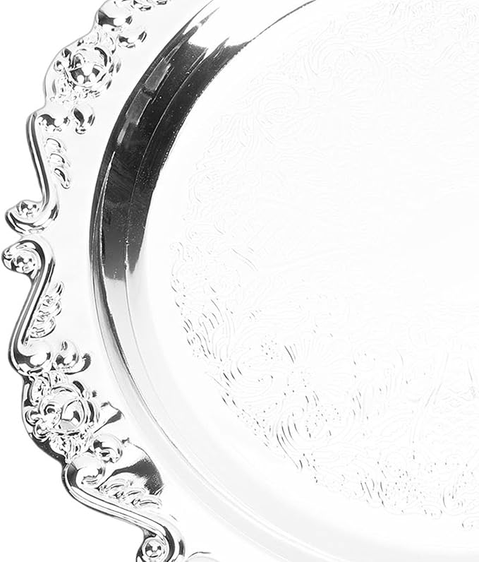 Asixxsix Asixxsix Silver Serving Tray, Vintage Floral Engraved Decorative Tray with Floral Design for Party Food Appetizers Desserts Fruits Whiskey Charcuterie (25cm) (20cm)