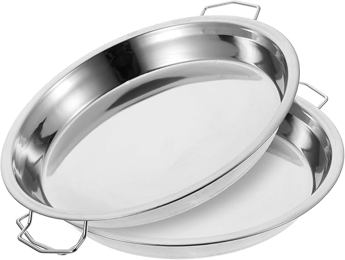 DOITOOL 2Pcs Stainless Steel Steaming Dish Cold Noodle Plate Steamed Rice Tray Round Steaming Tray With Double Handle for Home Kitchen Food Serving