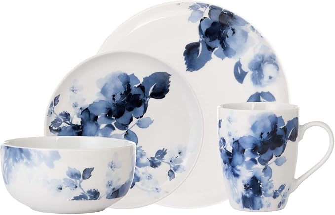 Maklaine Contemporary Porcelain Dinnerware Set, 16-Piece Midnight Roses Design, White and Blue Finish, Includes Plates, Bowls, Mugs, Durable Chip-Resistant, Microwave/Dishwasher Safe, Casual or