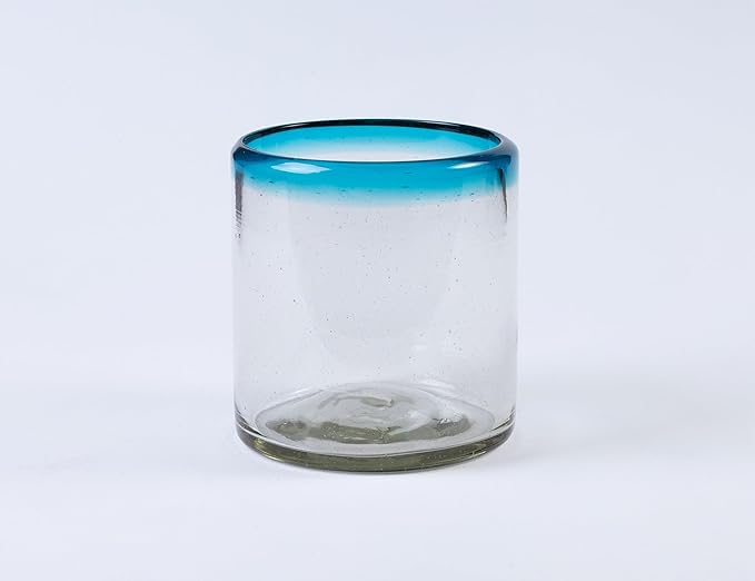 Handmade con Amor - 7 oz Hand Blown Mexican Drinking Glasses - Set of 2, 7 fl oz each, Aqua Rim