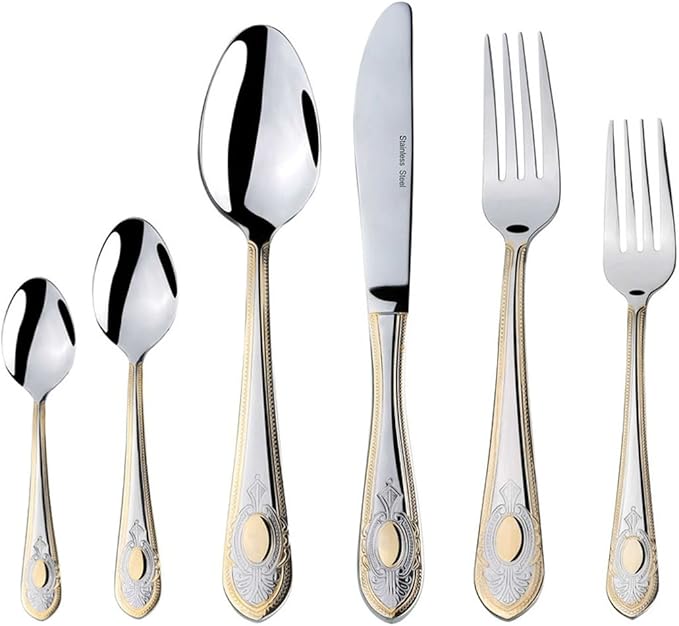 Venezia Collection "Medallion" 75-Piece Fine Flatware Set, Silverware Cutlery Dining Service for 12, Premium 18/10 Surgical Stainless Steel, 24K Gold-Plated Hostess Serving Set, Wooden Storage Case