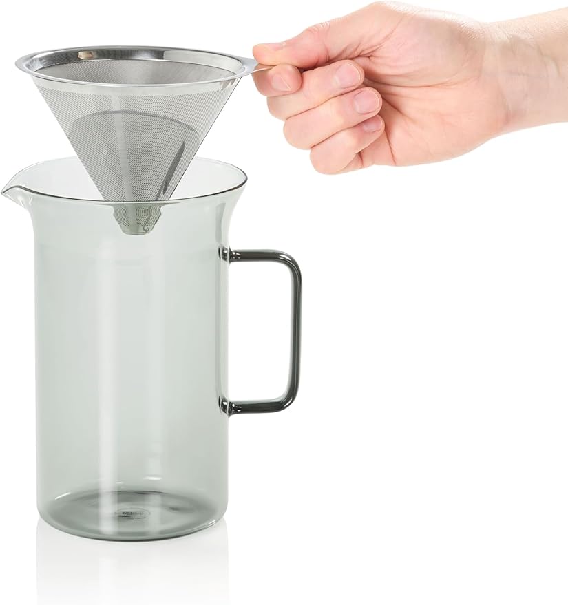AdHoc Pour Over Coffee Maker - Manual Brewer for Ground Coffee - Reusable Stainless Steel Filter - Heat-Resistant Glass Coffee Dripper - Dishwasher Safe