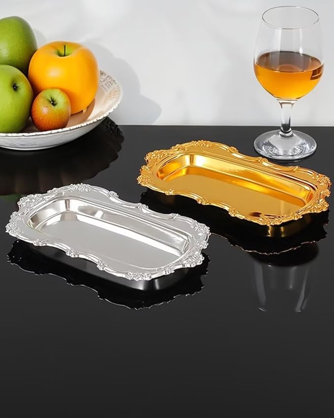 3PCS 8in Vintage Serving Trays Set Decorative Tray Metal Tableware Platters for Cookies Desserts Party Food Display (Gold)