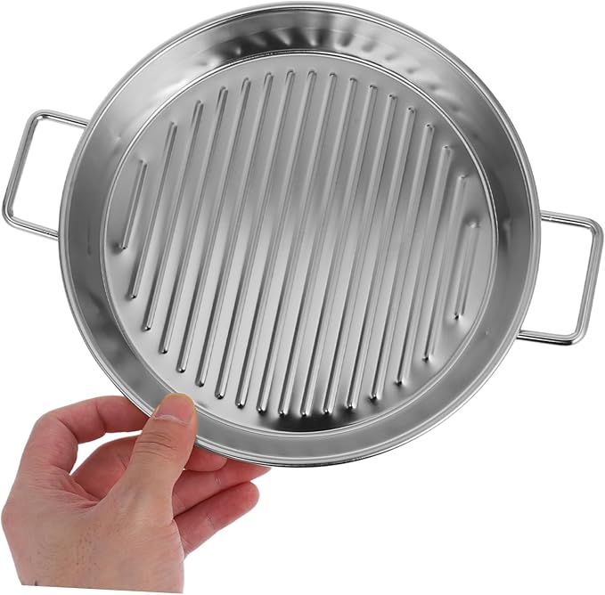 Stainless Steel Round Steak Plate Seafood Serving Tray Elegant Double Ears Design for Family Meals and Outdoor Bbqs and Stylish Silver Finish