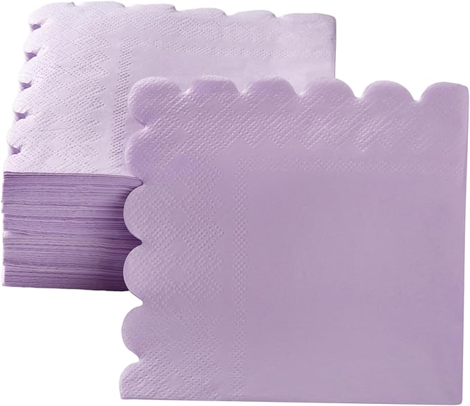 200 Pack Cocktail Napkin 2-Ply Scalloped Edged Dessert Napkins Folded 5 x 5 Inches Disposable Napkins for Dinner Wedding Birthday Party Bridal Anniversary Reception Event (Purple)