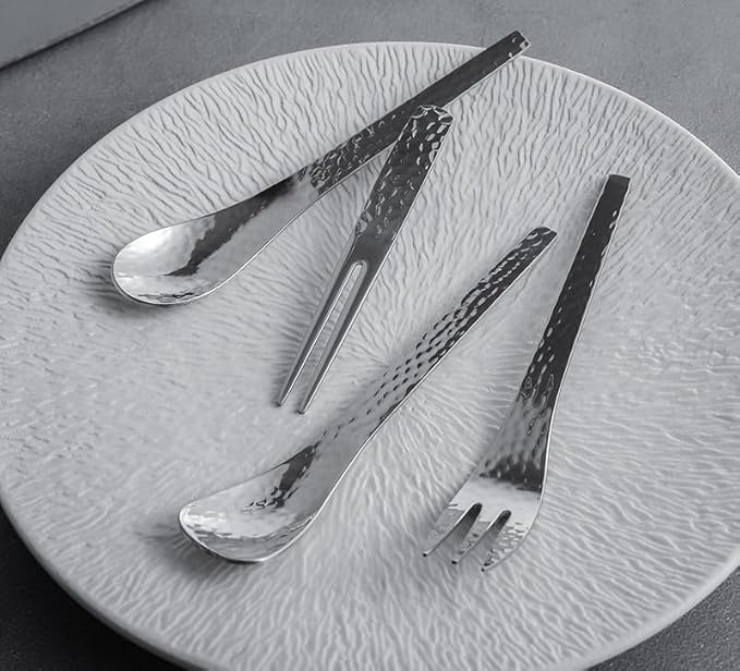 Stainless Steel Flatware serving set,Home Kitchen Eating Tableware Set,Dishwasher Safe,For Home Kitchen Restaurant Hote 4/16/24/32 Pieces Hammered 304 Stainless Steel Dessert Forks And Spoons, Dessert