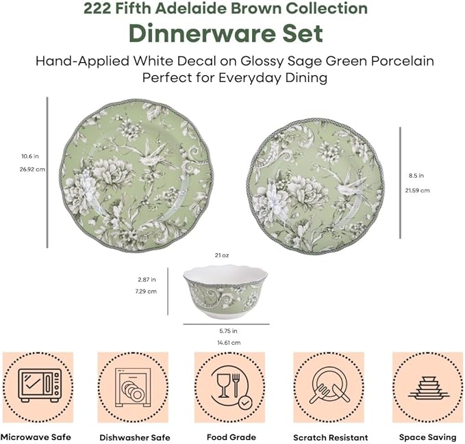 222 Fifth Adelaide Sage Porcelain 12-Piece Dinnerware Set – Service for 4, Includes Dinner Plates, Salad Plates & Cereal Bowls, Durable Porcelain, Dishwasher Safe, for Everyday Dining & Entertainment