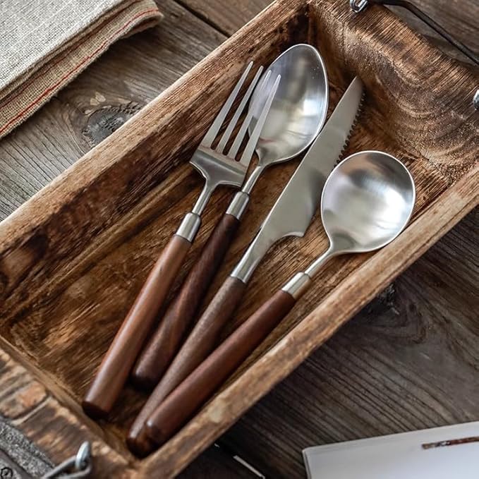 Walnut Wooden Silverware Set Flatware Set for 12 Exquisite Ergonomic Wood Handle Utensil Sets 18 10 Stainless Steel Cutlery Sets Include Fork Knife Spoon Matte Tableware,Dishwasher Safe