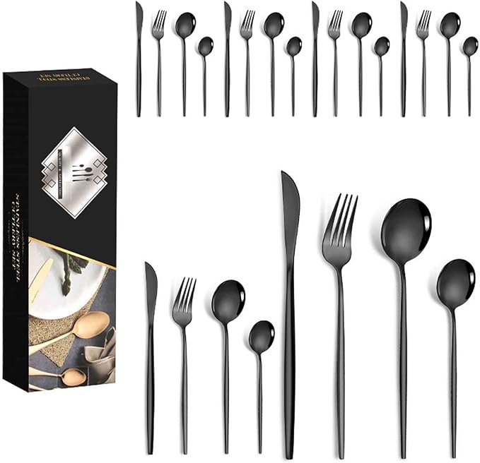 24 PCS Stainless Steel Cutlery Serving Set for 6 with Spoon Knife and Fork, Easy to Clean, Matte Mirror Polished for Home, Restaurant, Parties, Dishwasher Safe(Black,A)