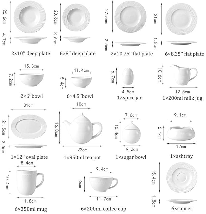 48 Pieces Dinnerware Sets, White Ceramics Dinner Sets, Complete Porcelain Combination with Plates, Bowls, Mugs, Coffee Cups and Tea Pot, Microwave Safe, Service for 6 Per