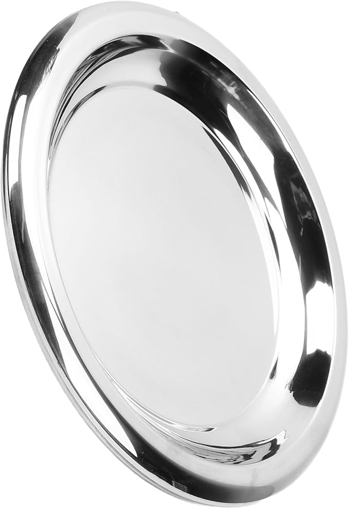 Pssopp DishFruit PlattersTrays Serving Tray, Silver Circular Metal Platter Decorative Tray for Displaying Whiskey Flutes Coffee Table Stainless Steel Round Stainless Steel Round (L)