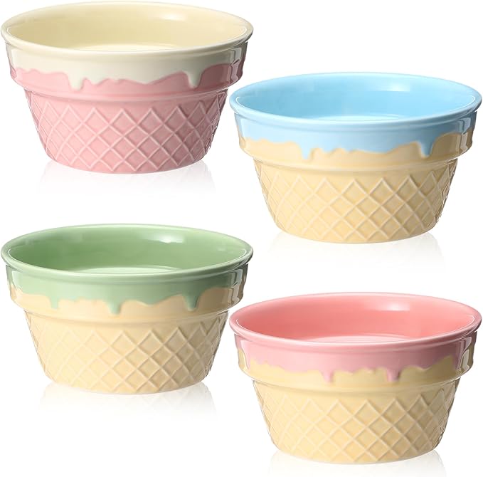 Honeydak 4 Pcs Ice Cream Ceramic Bowls 12 oz Waffle Ice Cream Cups Reusable Sundae Dessert Snack Containers for Christmas Summer Kid Adult Birthday Home Yogurt Soup Bar Party Supplies