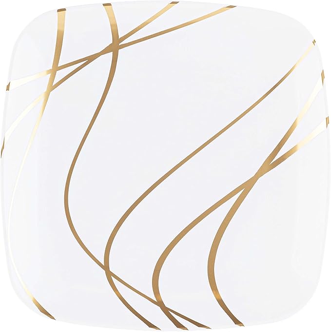 PLASTICPRO Square 32 Piece Combo Plates Set includes 16 x 7'' inch Salad Plates & 16 x 10'' inch Dinner Plates White Plastic with Gold impulse Design Party Plates, heavyweight Dishes,
