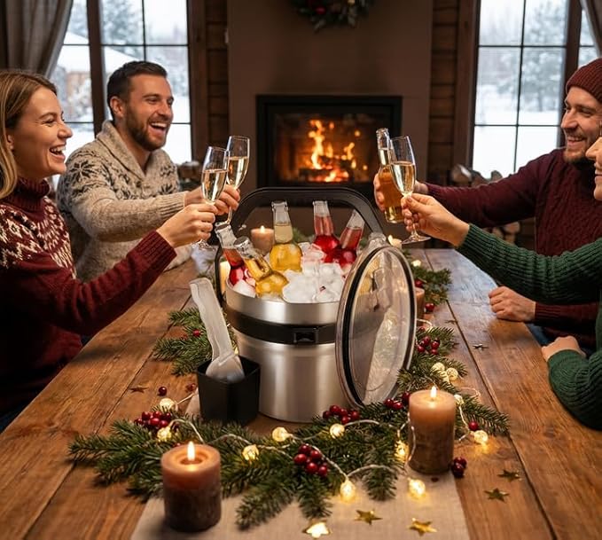 Insulated Ice Bucket with Lid & Scoop-XL Double-Walled, bar Essentials for Entertaining, Holiday Party, Stainless Steel Wine Chiller, Beverage Tub with Handle, Bottle Opener, Great Gift(White)