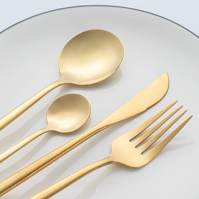 24Pcs Gold Silverware Set,Flatware Serving Sets Knife Fork Spoon Rustproof Stainless Steel Cutlery for Home Party Wedding Banquets