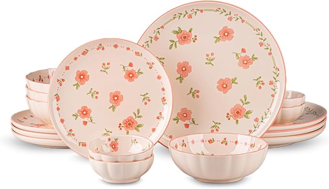 16 Pieces Gourmet Porcelain Dinnerware Sets, Premium Plates and Bowls Set, High-Fired Ceramic Dishes Set for 4, Microwave Dishwasher Safe, Pink Peach Blossom Pattern.