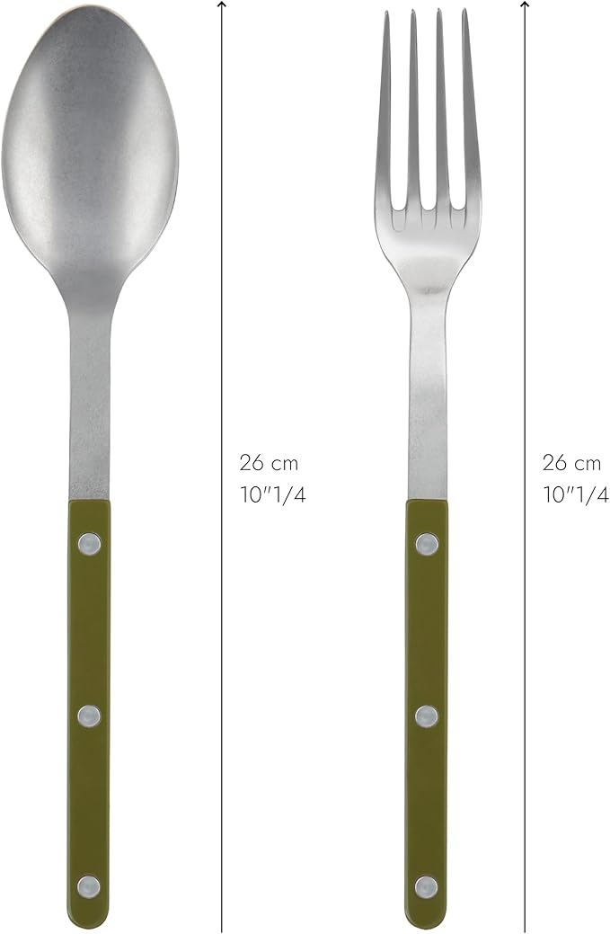 SABRE PARIS - 2-Piece Serving Set - Bistrot Vintage Collection - Large Fork & Large Spoon - Stainless Steel & Nylon - Dishwasher Safe - Fern Green - Mat Finish