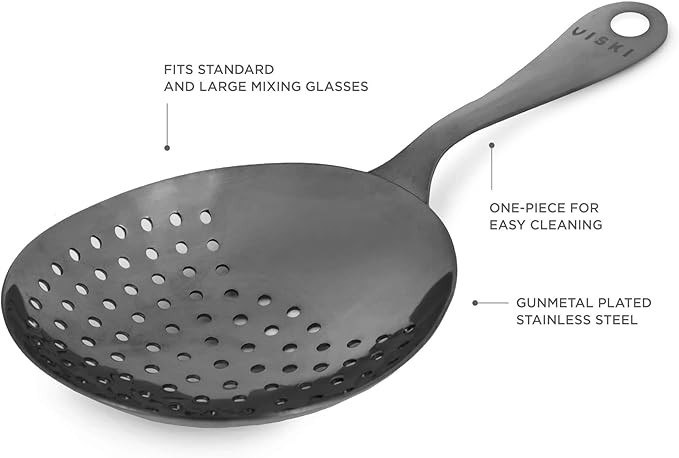 Viski Julep Stainless Steel Cocktail Strainer, Bar Tools, Drinks Spoon for Bartenders and Mixologists, Home or Commercial Use, Professional Metal Barware, Black, 6.75"