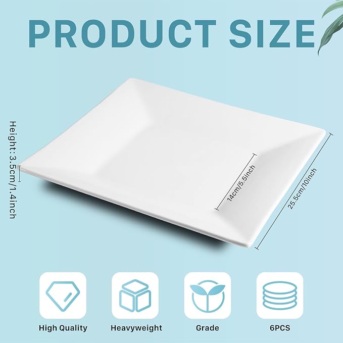 Appetizer Plates Set of 6,10 Inch Porcelain Square Dinner Plates,White Salad Plates,Square Serving Plate for Steak,Pasta,Dessert, Scratch Resistant, Microwave and Dishwasher Safe