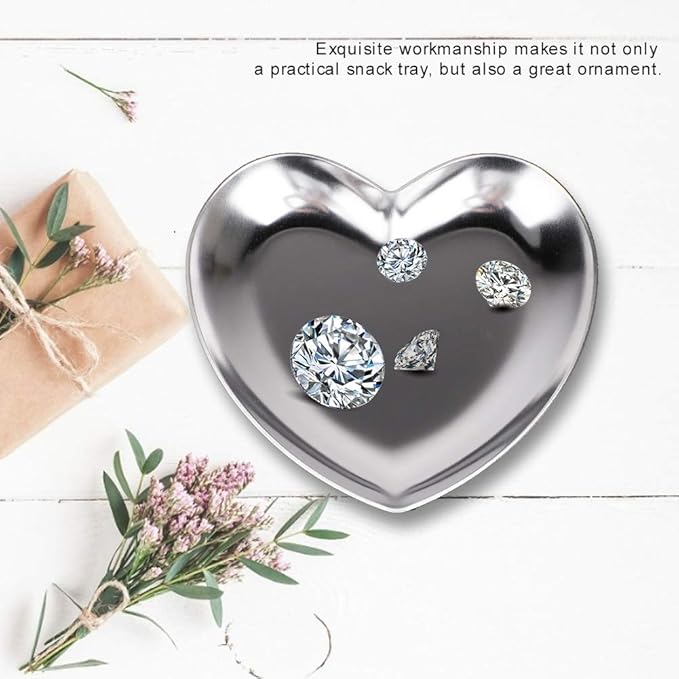 Tyenaza Heart Shaped Jewelry Box, Stainless Steel Heart Shaped Plate Tea Tray Fruit Tray Cosmetics Jewelry Organizer(Silver)