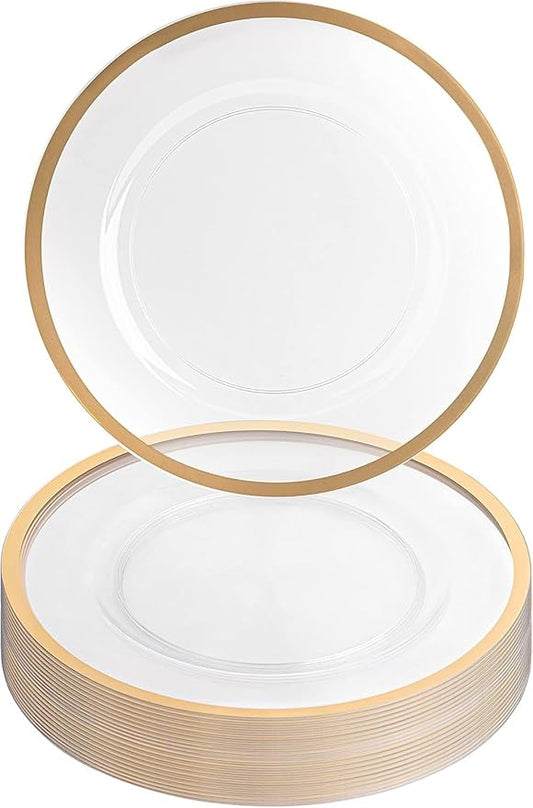 PARTY BARGAINS 13-Inch Charger Plates - 16 Pack, Clear Gold Rim, Heavy-Duty Disposable Chargers for Elegant Dining - Ideal for Weddings and Formal Events