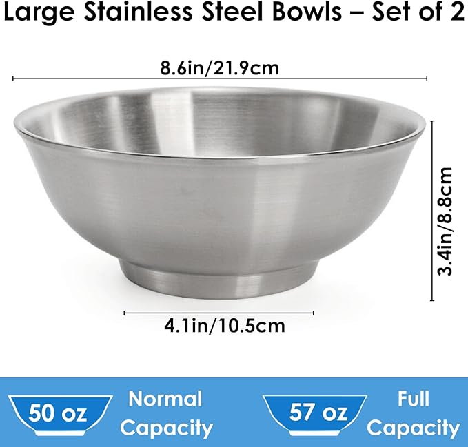 Youeon 2 Pcs 50 Oz Brushed SUS304 Stainless Steel Bowls, Double Wall Insulated Bowls, Large Stainless Steel Soup Bowl for Pasta, Salad, Ramen, 8 Inch Bowl Set for Serving, Dishwasher Safe